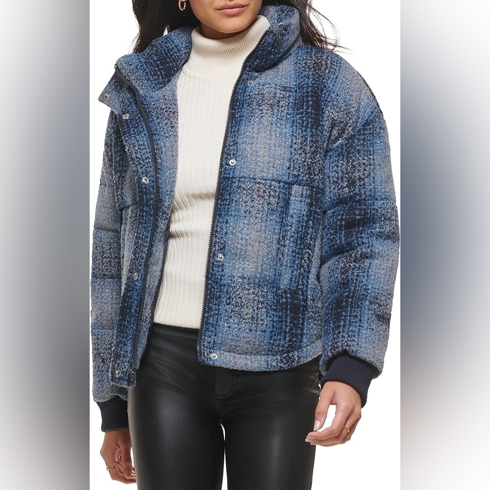 Levi's Blue Plaid Wool Blend Puffer Jacket